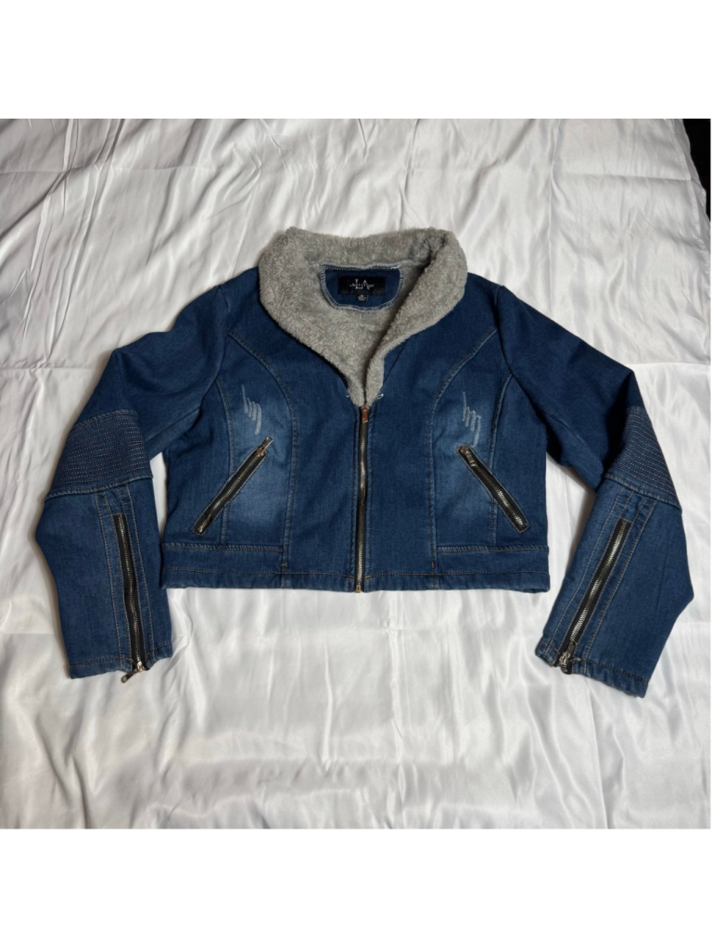 Women's Coalition Blue Jean Jacket with Gray Faux Fur Lining XL